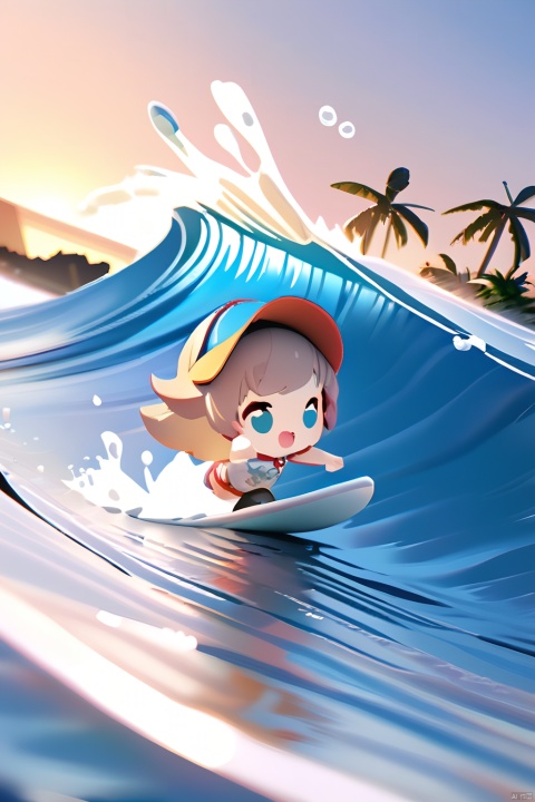  Cute, chubby,chibi
(((masterpiece))),(((best quality))),(((extremely detailed))),Surfing at the beach,1girl
, 3d stely, A girl, wearing a white blouse with coconut trees printed on it, a short skirt, standing on a surfboard, surfing, huge waves, white foam behind the surfboard, fluttering splashes, clear blue water, beautiful sunset, surf, 3DIP