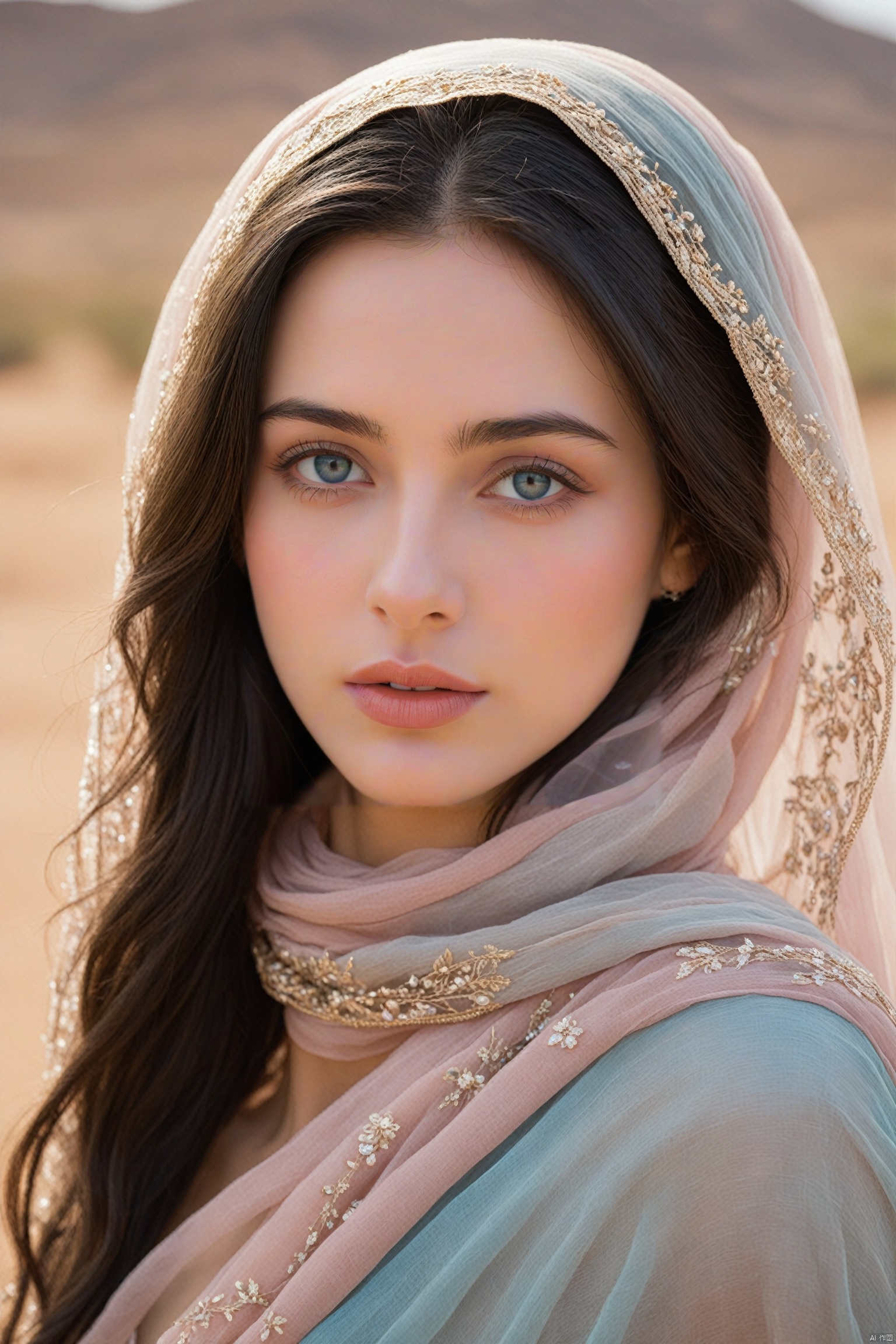 This image shows a close-up of an ethereal-looking young woman with long dark hair falling over her shoulders, blue eyes, her head adorned with a transparent scarf or veil, with the desert in the background, her The complexion was impeccable, with earthy tones on the lids and soft peach on the lips complementing the subtle makeup. She rests her face gently on her hands, exudes calm and poise, wears a burgundy embroidered gown, photo realistic, best quality, super high resolution, extremely detailed eyes and face, full body showing face audience,