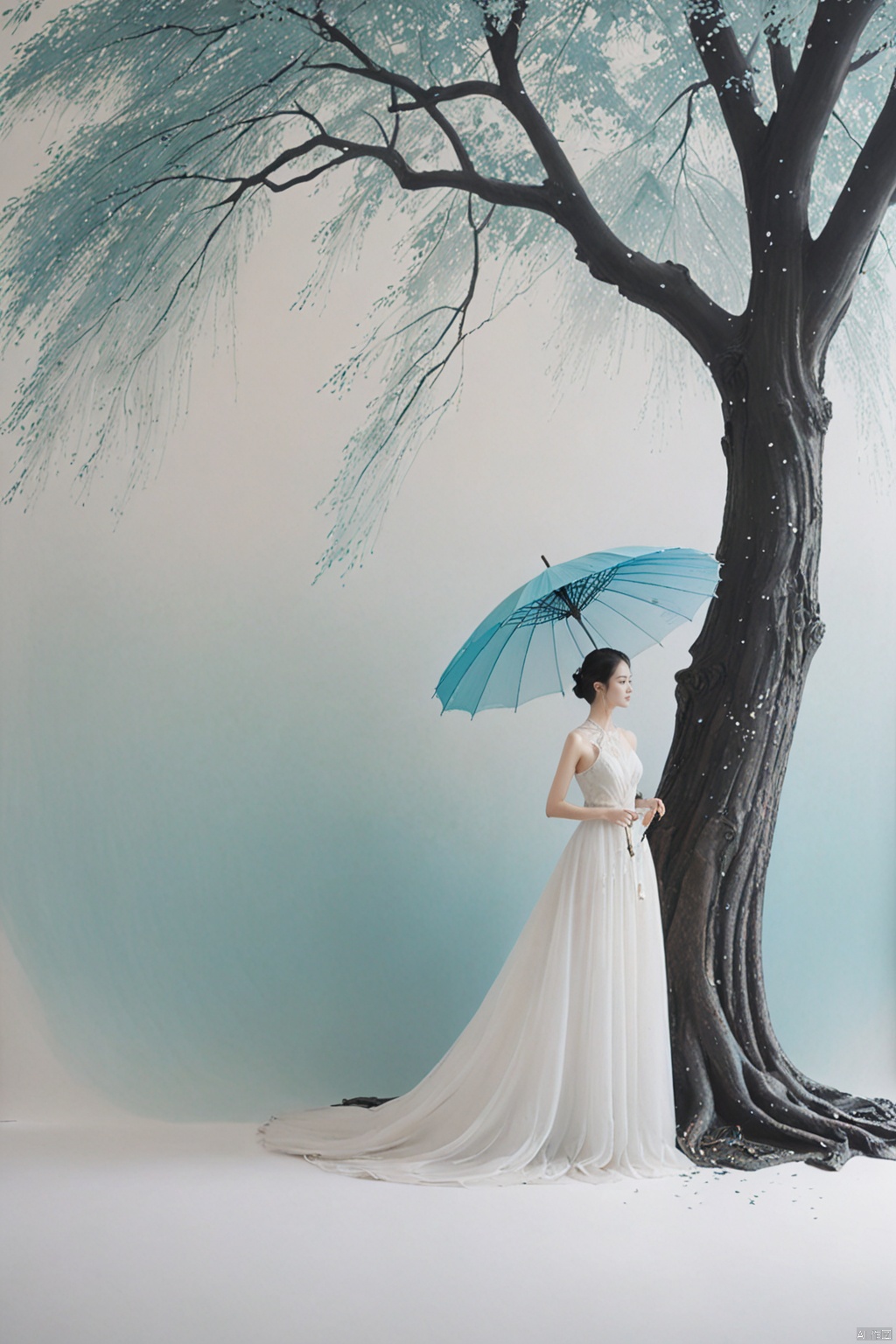  
/I Foreground a tree, Chinese beauty holding an umbrella, cyan and white color matching, ink painting minimalist style, large white space, tulle translucent material, soft gradient, perspective aesthetics