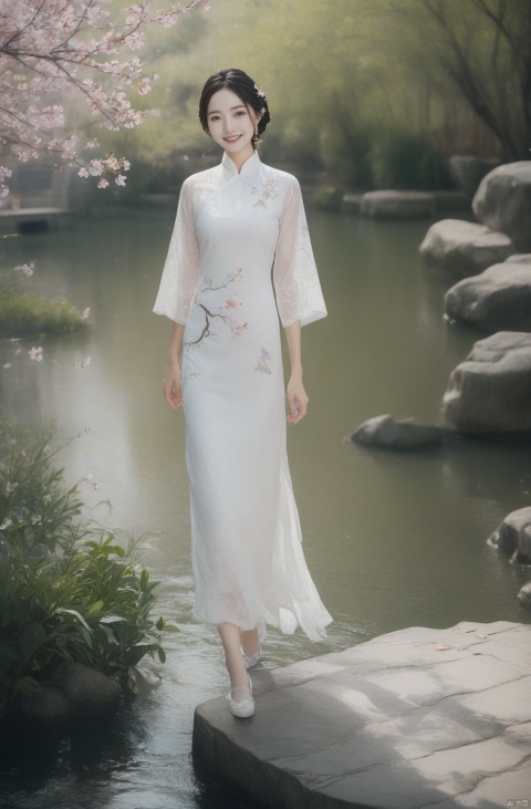  A woman with almond-shaped eyes, dressed in a white lace qipao, holding a fan, strolling leisurely through the water towns of Jiangnan. Her enchanting smile and graceful demeanor make her resemble a fairy plucked from a painting.