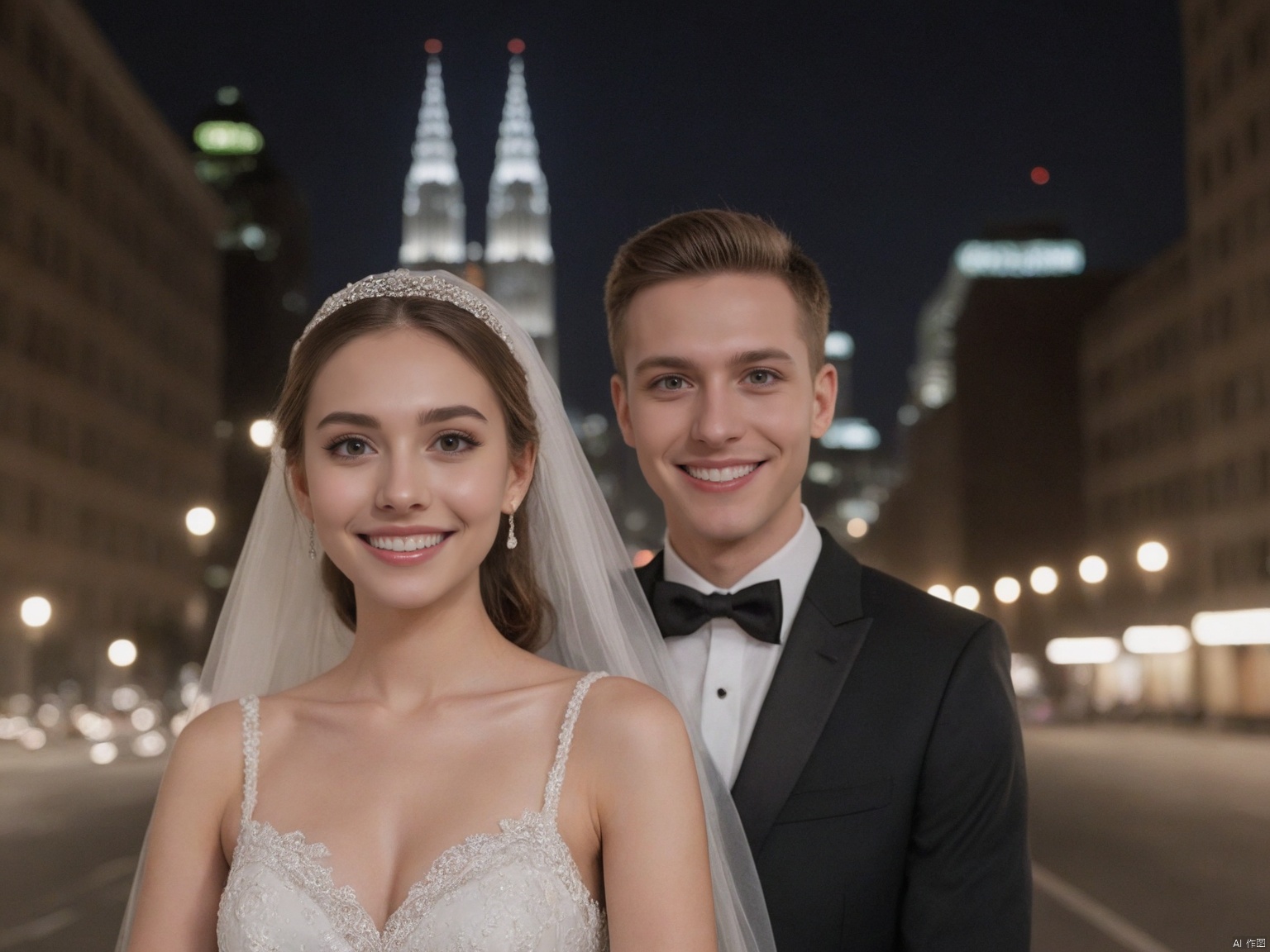  1 couple, smile, big eyes, white skin, wedding dress,8k,night city background,