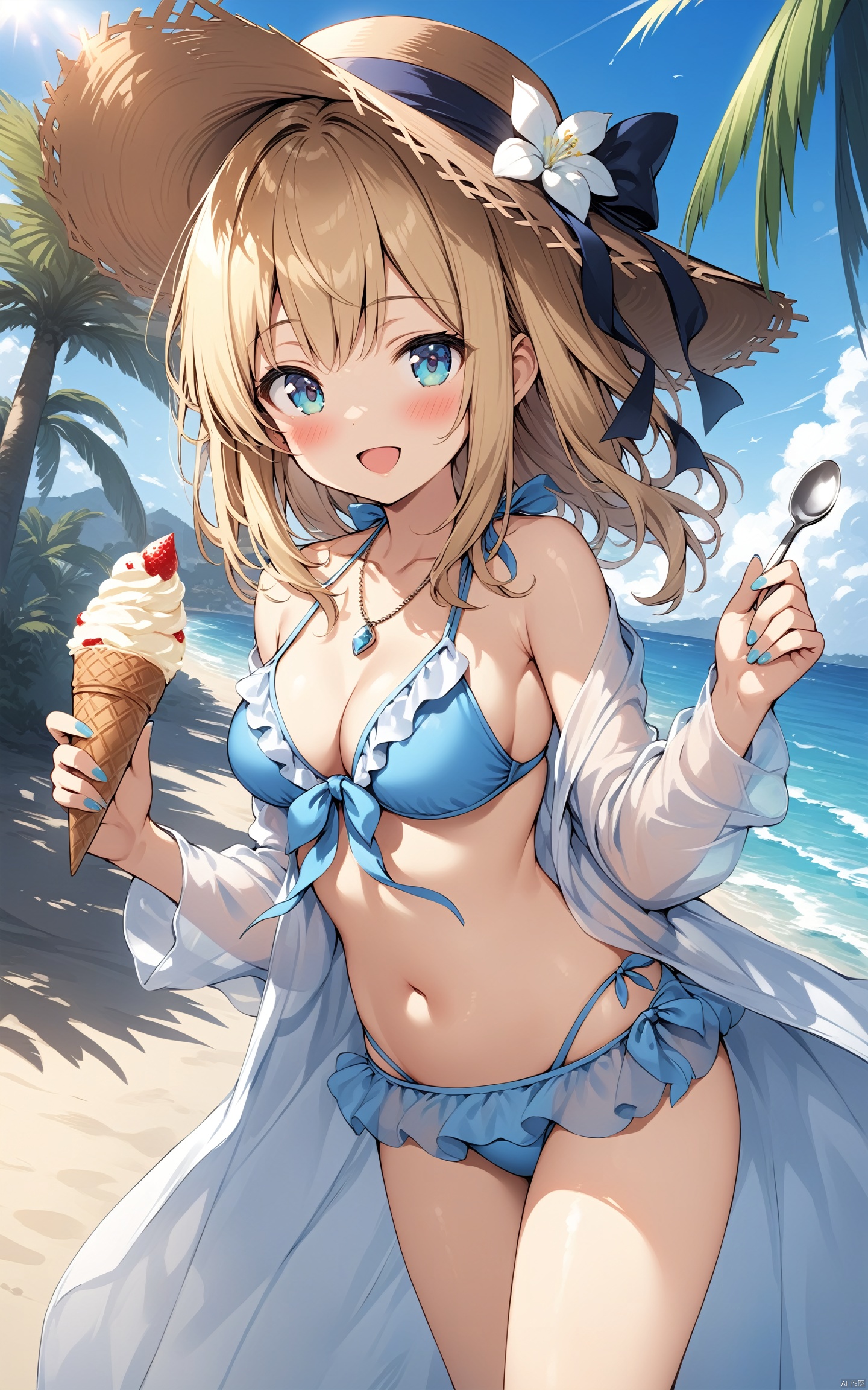  (masterpiece), (best quality), illustration, ultra detailed, hdr, Depth of field, (colorful), loli, artist Hiten, 1girl, outdoors, hat, bikini, swimsuit, solo, ice cream, food, breasts, blue bikini, day, holding, looking at viewer, open mouth, navel, white shirt, shirt, smile, beach, nail polish, open clothes, off shoulder, collarbone, medium breasts, bangs, ocean, open shirt, water, cleavage, :d, straw hat, flower, spoon, stomach, blue sky, sky, palm tree, halterneck, blurry, standing, bare shoulders, hair ornament, white flower, cloud, frills, sunlight, holding spoon, holding food, blue nails, cowboy shot, tree, hat flower, sun hat, ice cream cone, ribbon, blue eyes, blush, blurry background, frilled bikini, sidelocks, brown headwear, depth of field, front-tie bikini top, long sleeves, long hair, medium hair, brown hair, see-through, hands up, front-tie top, jewelry, hair ribbon, black ribbon, aqua nails, necklace, aqua eyes, string bikini, blonde hair, hat ribbon, swimsuit cover-up, Illustration