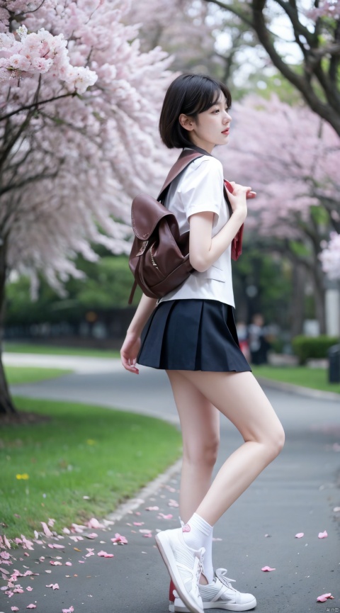  Best Quality, masterpiece, 16K, JK, uniform, 1 girl, blonde short hair, school uniform, pink skirt, sneakers, body, outdoor, petals falling, cherry blossom background, sports blurred background