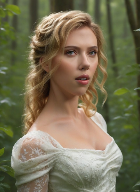  4k, photo, realistic, best quality,highres, ultra-detailed,ultra high res,((photorealistic, 8K)),from above, 

Best Picture Quality: A breathtaking photograph of a young woman standing in a lush green forest, surrounded by vibrant flowers and tall trees. She is wearing a simple white dress that flows gently in the breeze, and her long, wavy blonde hair frames her face in soft curls. The lighting is natural and warm, creating a sense of peace and tranquility. This photo is of the highest quality, with exceptional detail and color accuracy. Scarlett Johansson