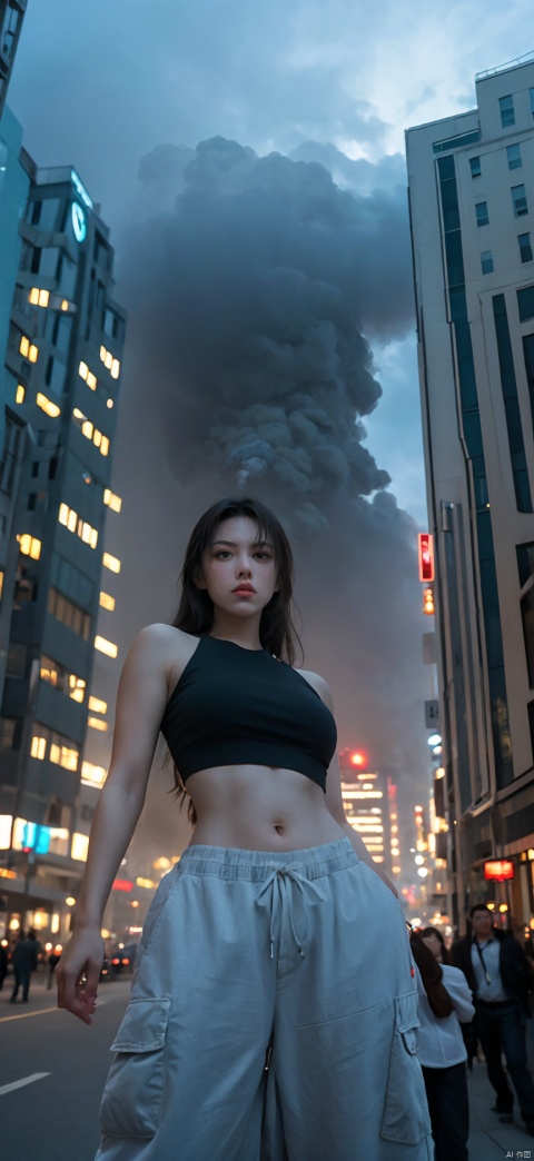  "A towering Giantess in a cool and laid-back hippie style is rocking a crop top and baggy pants. Her toned and athletic build hints at her massive strength. She seems to be casually strolling through the bustling cityscape of GTS City, as towering buildings loom overhead. Smoke and clouds roil around her, adding to the sense of epic scale and drama. The lighting is dark, gloomy, and realistic, creating a tense and ominous atmosphere. The perspective is from below, emphasizing the sheer majesty and power of the Giantess."