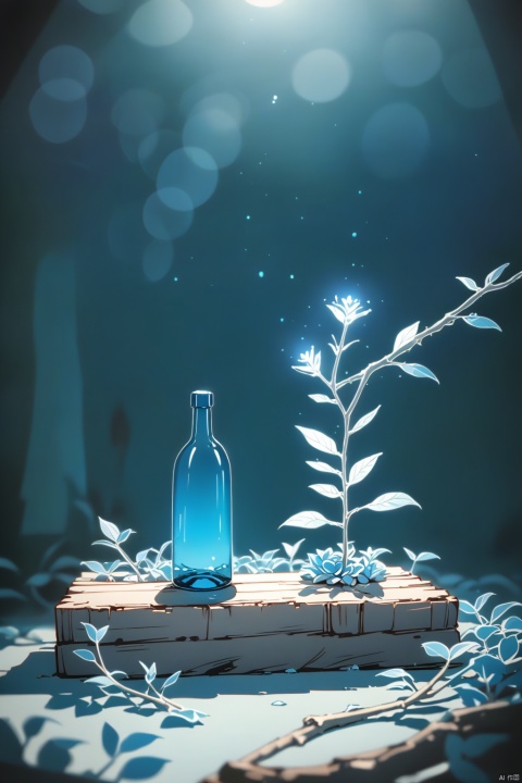  xihuwen, cold color style, blue bottle, front product, bottle placed on wood, wood, flowers, left light, commercial photography, 8K, blue theme, simple branch light and shadow background on the left side, shenhua