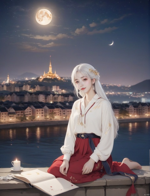  artist(roha), 1girl, red eyes, solo, book, barefoot, white hair, star (sky), long hair, hat, sitting, shirt, looking at viewer, holding, sky, long sleeves, starry sky, white shirt, bangs, shooting star, paper, night, bare legs, full body, night sky, palette (object), closed mouth, cityscape, smile, moon, star (symbol), envelope, city, building, crescent moon