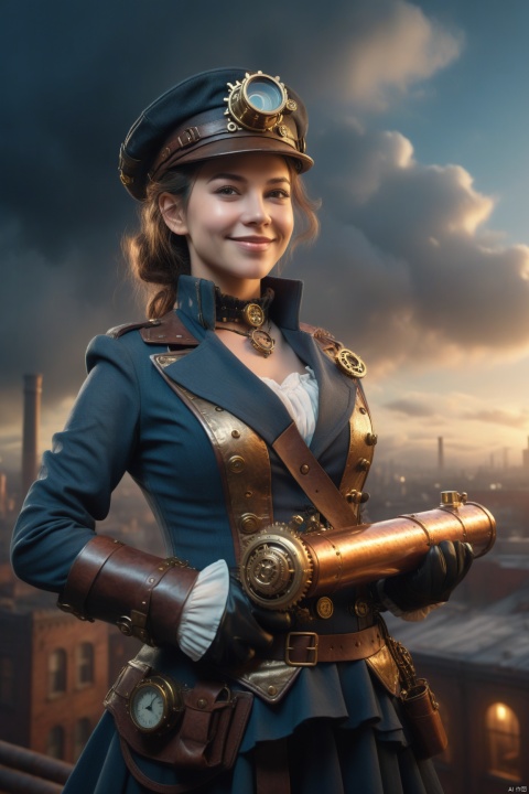 realistic, photo, woman captain in full steampunk gear smiling and holding a steam long gun, intricate gears, industrial marvel, smog-filled skies, retro-futuristic setting, dramatic clouds, panoramic view, hyperrealistic rendering, moody lighting, detailed craftsmanship, atmospheric cityscape, imaginative world, rainy night, wide-angle shot, photorealistic rendering, reflections, 4K resolution, cinematic masterpiece, detailed background, alluring eyes, vivid detail,sunlight, key lighting, (backlighting:0.5), medium depth of field, masterpiece photo, 50mm lens, F/4 aperture,sharp focus, detailed skin texture, (blush:0.5), subsurface scattering,lens flares,nightsky,YOLC, XL_nightsky