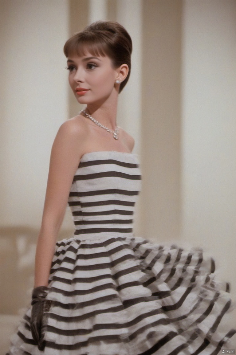  (masterpiece, best quality, hyper realistic, raw photo, ultra detailed, extremely detailed, intricately detailed), (photorealistic:1.4), (photography of Audrey Hepburn wearing a fashionable Striped off-the-shoulder ruffle hem dress, designed by Hubert de Givenchy, ), (smile), fairy, pure, innocent, beauty, (slender), super model, adr, Breakfast at Tiffany's, Sabrina, (glide_fashion), depthoffield,(fullshot),filmgrain,zeisslens,symmetrical,8kresolution,octanerender(OC渲染),extremelyhigh-resolutiondetails,finetexture,dynamicangle,fashion(时尚), fashion,,
