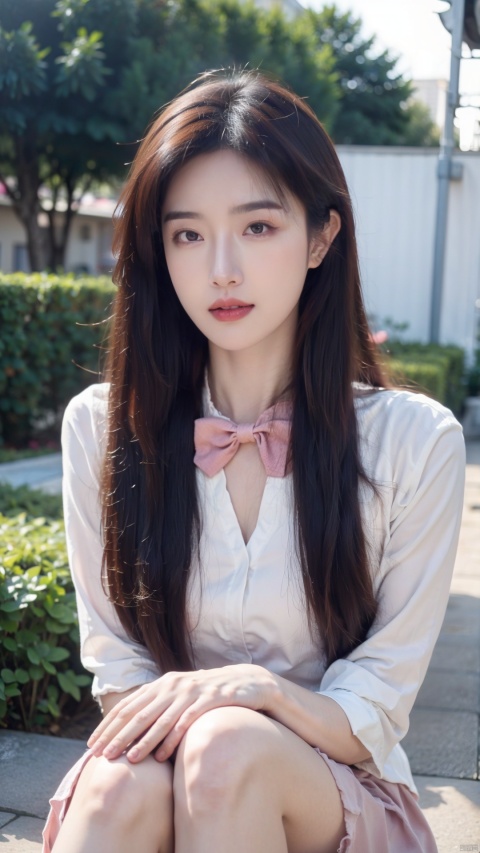  (Best quality,4K,8K,A high resolution,Masterpiece:1.2), Ultra-detailed,photo-realistic:1.37,Film style,Beautiful detailed eyes, beautiful detailed lips, Extremely detailed eyes and face, Young and cute Korean face, Korean facial features, wavy and long hair, Long eyelashes, 1girll, Garden background,pink flower,rosette, Portrait, Vibrant colors, Soft lighting, fine brush strokes, White JK shirt, Pink JK skirt, Pink JK bow tie, full body shot of, Long legs,Shoot above the knee, Close-up portrait.
