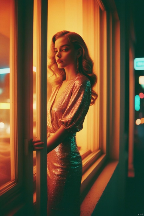 A portrait photography,neon night,a girl standing at a street-facing window looking out into the street,light dapper and trance,full of unrealistic feelings,psychedelic,elegant,sexy and a touch of nostalgia,soft light,soft tones,dreamlike quality,emotion,atmosphere,fashion magazines,celebrity photography,by Guy Aroch,shot on Lomography Redscale XR 50-200,