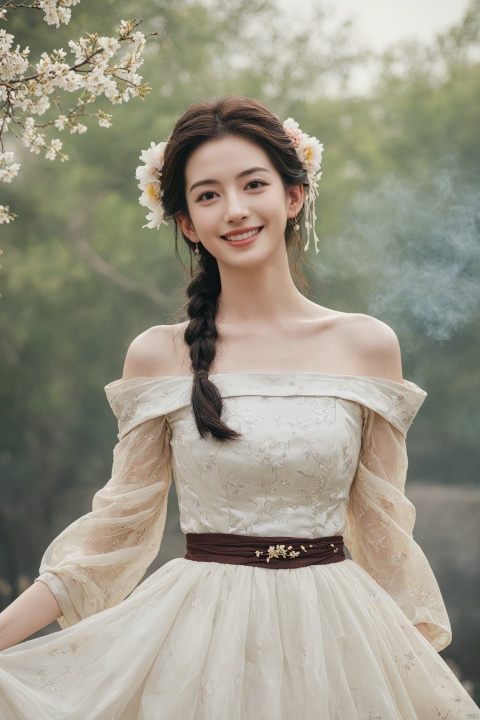  best quality, masterpiece,cowboy_shot,(Good structure),,a girl,xianjing,Off-the-shoulder, bust photo,upper body,Hanfu, Cloud, Smoke,branch,flower, smile,Gaze at the audience, Ink scattering_Chinese style, ((poakl)), ,looking_at_viewer,kind smile, , chinese dress,white dress, liuyifei,long_hair, Anne Hathaway