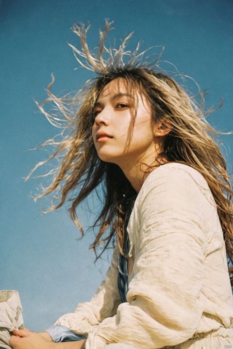  best quality,film grain,1girl,blue sky, candid pose, serene expression, sitting, cream-colored outfit, wind-blown hair