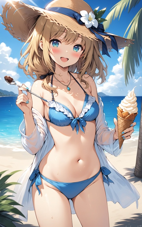  (masterpiece), (best quality), illustration, ultra detailed, hdr, Depth of field, (colorful), loli, artist Hiten, 1girl, outdoors, hat, bikini, swimsuit, solo, ice cream, food, breasts, blue bikini, day, holding, looking at viewer, open mouth, navel, white shirt, shirt, smile, beach, nail polish, open clothes, off shoulder, collarbone, medium breasts, bangs, ocean, open shirt, water, cleavage, :d, straw hat, flower, spoon, stomach, blue sky, sky, palm tree, halterneck, blurry, standing, bare shoulders, hair ornament, white flower, cloud, frills, sunlight, holding spoon, holding food, blue nails, cowboy shot, tree, hat flower, sun hat, ice cream cone, ribbon, blue eyes, blush, blurry background, frilled bikini, sidelocks, brown headwear, depth of field, front-tie bikini top, long sleeves, long hair, medium hair, brown hair, see-through, hands up, front-tie top, jewelry, hair ribbon, black ribbon, aqua nails, necklace, aqua eyes, string bikini, blonde hair, hat ribbon, swimsuit cover-up, Illustration