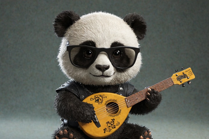  Surreality, a panda Rex, (cute, wearing sunglasses), holding a concert, (playing lute, punk attire), rock music, 3D, C4D, smooth surface, exquisite details, mixed style,