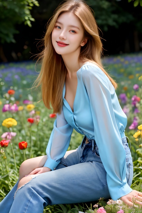  fairy tale beautiful woman, long dark-blonde hair, light-blue eyes, full lips, fair complexion, smiling at the viewer, sitting on the ground, leaning forward, loose fitting unbuttoned open blouse, silk blouse, jeans, hot summers day, overgrown field of flowers . magical, fantastical, enchanting, storybook style, highly detailed