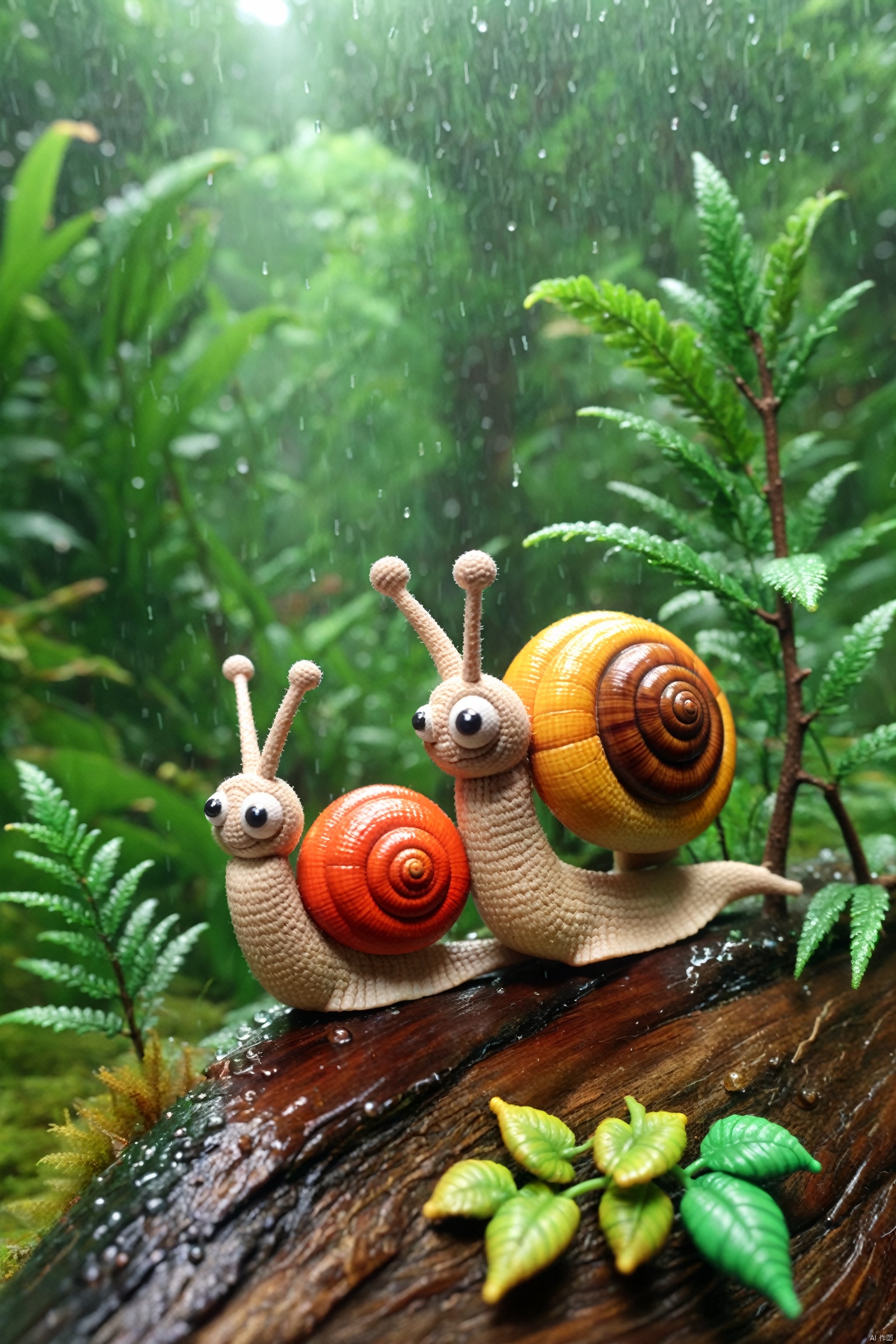  ((masterpiece)), ((best quality)), 3D animation style, two cute snails sitting on the tree branch looking at the rainforrest raining (Two snails sitting side-by-side:1.3)
, 3d stely, paopaoma, Sewing doll, tr mini style