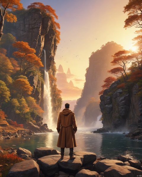  (Masterpiece, ultra detailed, hyper quality, best result) man wearing old time journey coat, standing in front of rocky woods on flying islands at sunset, waterfall on the foreground, leafs falling ,High detailed