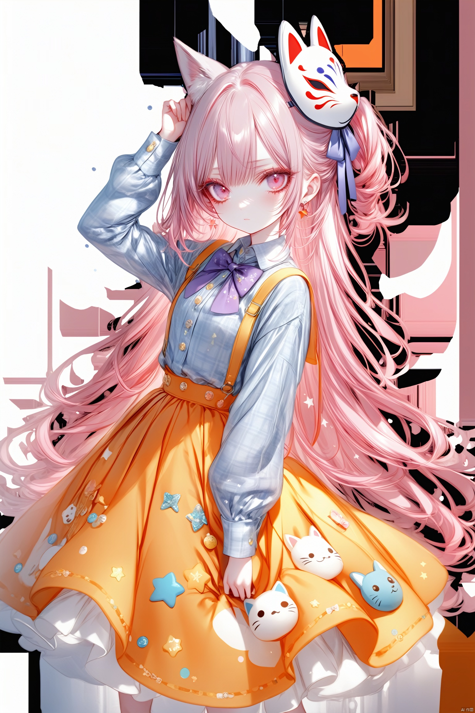  (masterpiece),(best quality),illustration,ultra detailed,hdr,Depth of field,(colorful),[pottsness],[iumu],[Sheya],transparent background, 1girl, hata no kokoro, long hair, solo, shirt, pink hair, skirt, orange skirt, plaid shirt, plaid, long sleeves, bow, bubble skirt, pink eyes, mask, bowtie, triangle, expressionless, blue bow, looking at viewer, circle, blue bowtie, star (symbol), mask on head, blue shirt, arm up, white background, very long hair, fox mask, closed mouth, x, long skirt, simple background, collared shirt, purple bowtie, buttons, purple bow, tr mini style, Sewing doll, yaya
