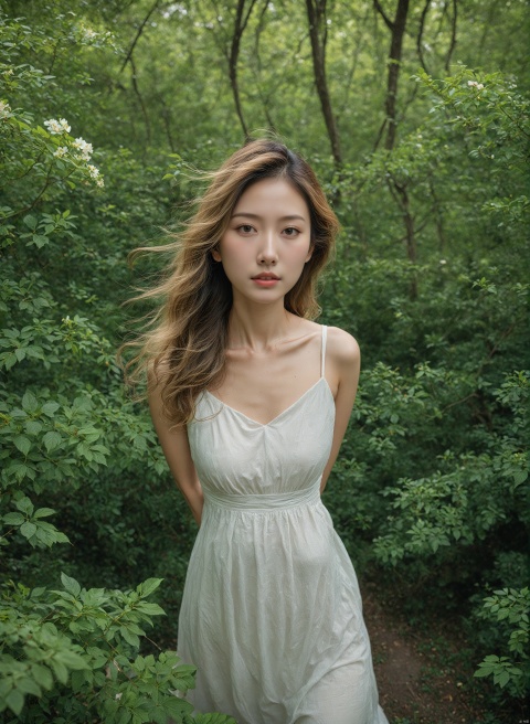  4k, photo, realistic, best quality,highres, ultra-detailed,ultra high res,((photorealistic, 8K)),from above, 

Best Picture Quality: A breathtaking photograph of a young Chinese woman standing in a lush green forest, surrounded by vibrant flowers and tall trees. She is wearing a simple white dress that flows gently in the breeze, and her long, wavy blonde hair frames her face in soft curls. The lighting is natural and warm, creating a sense of peace and tranquility. This photo is of the highest quality, with exceptional detail and color accuracy.