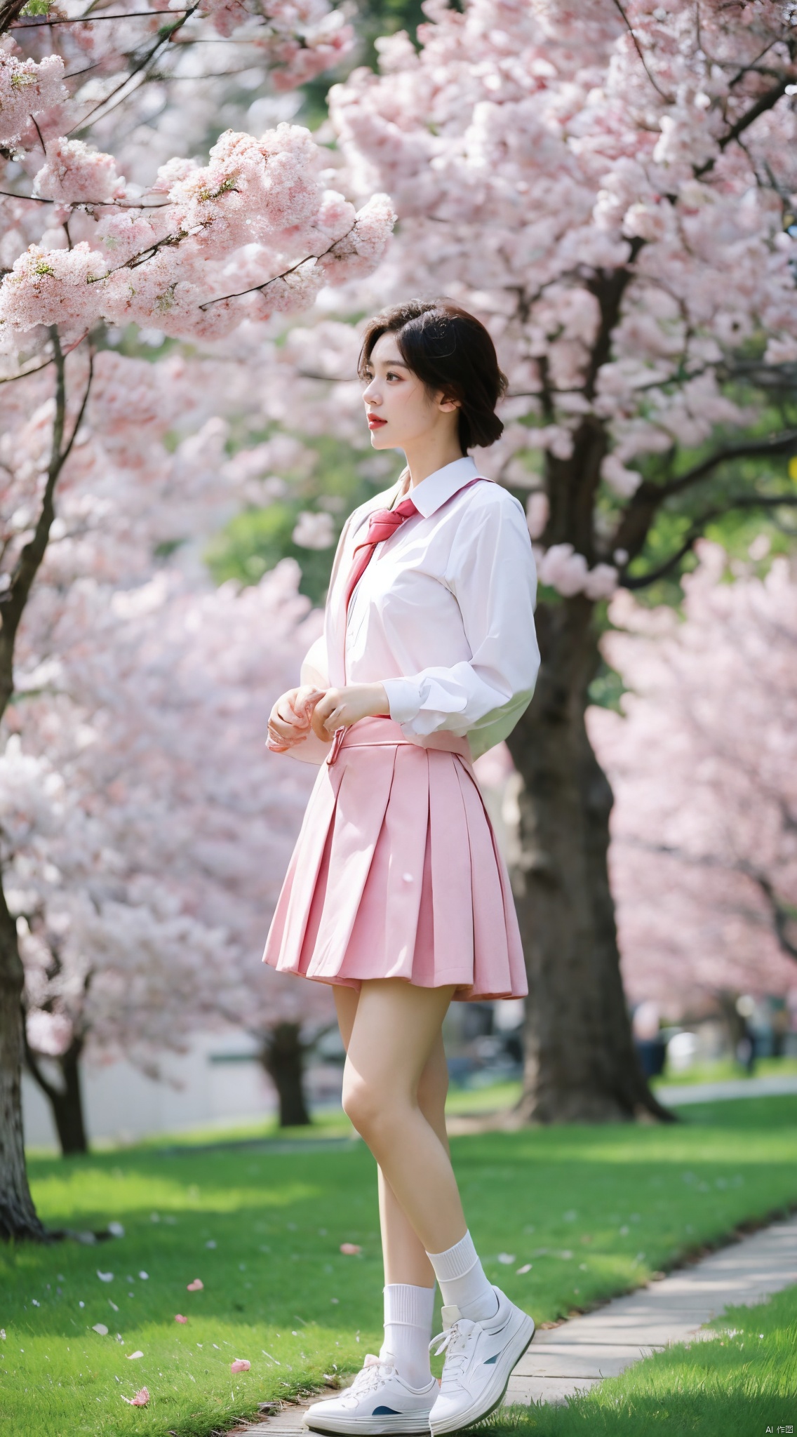  Best Quality, masterpiece, 16K, JK, uniform, 1 girl, blonde short hair, school uniform, pink skirt, sneakers, body, outdoor, petals falling, cherry blossom background, sports blurred background