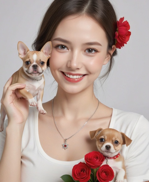  Upper body, without revealing hands, with a side face, white shirt, ball your head, red pupils, holding a little dog, only showing flowers, cleavage, red flower, smile, paired with a silver thin necklace