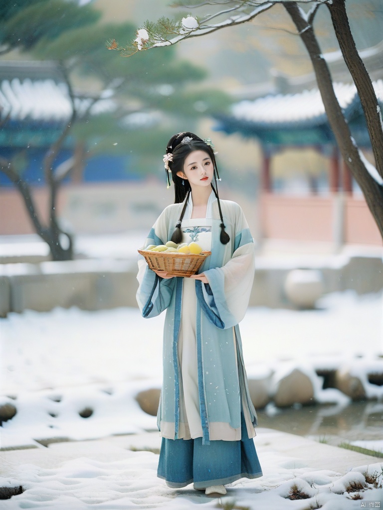  hanfu dress,a beautiful girl is standing,The Han costume of the Song Dynasty, the whole body,Flower basket,beautiful face,be affectionate,long eyelashes,high nose,Song Dynasty Hanfu, Winter, snowy days, snowfall, snow on tree tops, snow on the ground,gentle depth of field and soft bokeh,Capture the image as if it were taken on an 35mm film for added charm, looking at viewer,35mm photograph,The main color tone of the screen is blue, with a film style (aperture: f/1.4, ISO-100, focal length: 35mm), Full body, denim lens,film, bokeh, professional, 4k, highly detailed, MAJICMIX STYLE