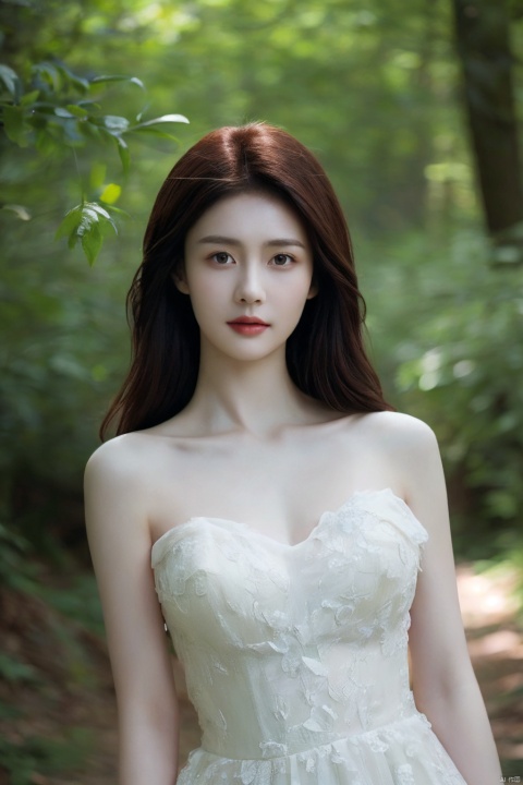  (realistic), (hyperrealism),best quality, masterpiece,ultra high res, (photorealistic:1.4),1girl,pale skin,skinny,(looking at viewer:2), ,forest, flowers, sunlight,
 , (tattered) wedding dress , bare shoulders, upper body,