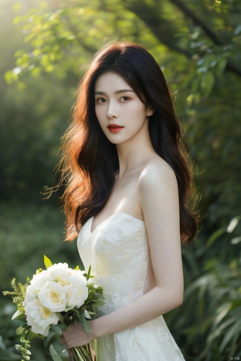  (realistic), (hyperrealism),best quality, masterpiece,ultra high res, (photorealistic:1.4),1girl,pale skin,skinny,(looking at viewer:2), ,forest, flowers, sunlight,
 , (tattered) wedding dress , bare shoulders, upper body,