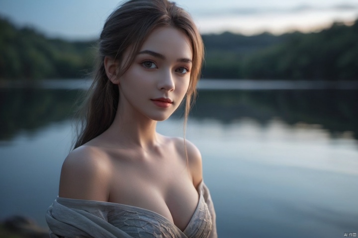  Best quality,masterpiece,ultra high res,(photorealistic:1.4),(1girl:1.3),outdoors,(half body:1.5),1 girl, grey eyes, glowing eyes, (radiant:1.2), (beside the lake:1.3),Off shoulder chest wrap, (night:1.3), dark theme, low key, (upper body:1.4),glass