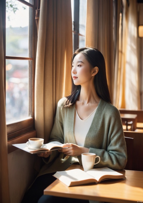  In the afternoon café, a Chinese young woman sits by the window, holding a cup of coffee, her gaze fixed on the leisurely passersby outside. Sunlight filters through the gaps in the curtains, casting a peaceful and cozy atmosphere onto her book.