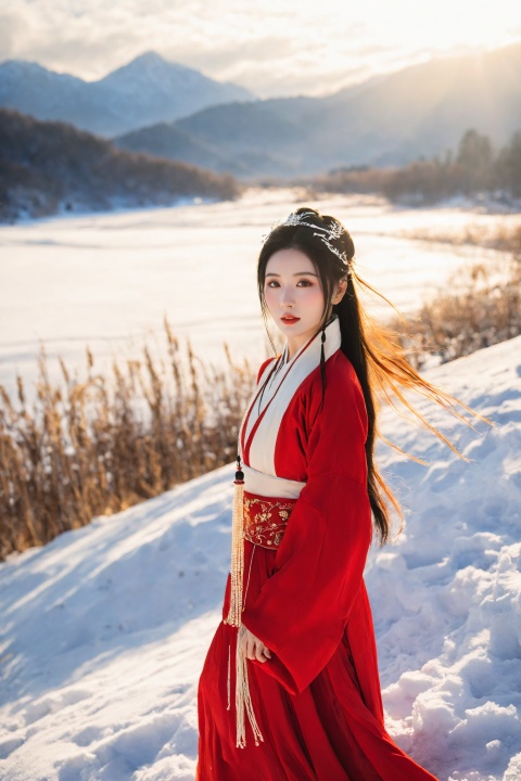  In a field of pristine snow, a girl stands out in a vibrant red Hanfu upper shan, her figure prominently contrasting with the surrounding snowy landscape. The red of the Hanfu stands in stark contrast to the pure white of the snow, as if a warm touch in the winter. The girl's long hair flows gently over her shoulders, and the tassels of her headpiece sway with her movements. Her face is delicate, and her eyes show a deep affection for the snowy scene. Sunlight filters through the clouds, casting a golden glow on her silhouette, filling the entire scene with warmth and tranquility., mugglelight