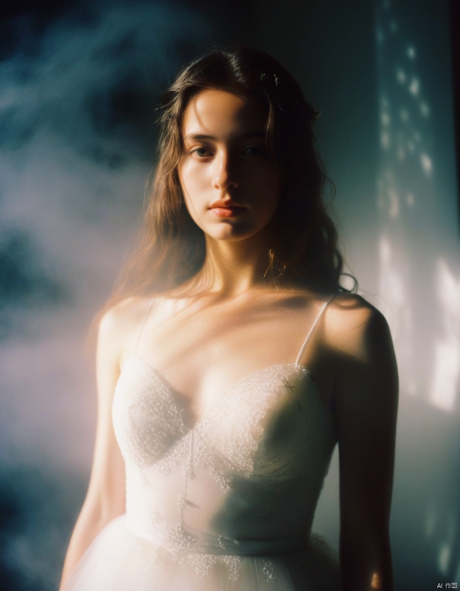  a girl close up,tyndall effect,wedding dress,foggy,dark shadow photography,surreal dramatic lighting shadow (lofi, analog),kodak film by Brandon Woelfel Ryan McGinley,
, xxmixgirl, sunlight