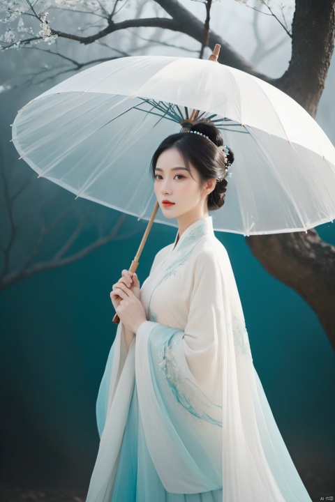  
/I Foreground a tree, Chinese beauty holding an umbrella, cyan and white color matching, ink painting minimalist style, large white space, tulle translucent material, soft gradient, perspective aesthetics