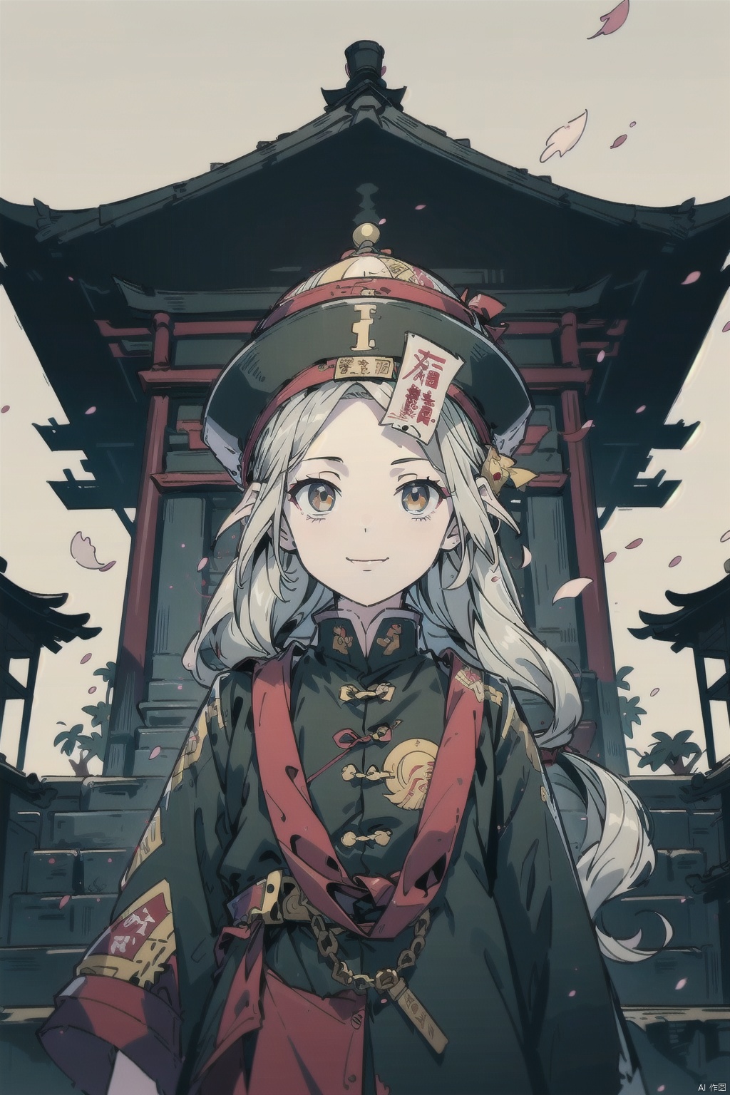  absurdres,absurdres,realistic,full_shot, JiangShi_Hopping Vampire, JiangShi, ferocious_Ghost,

masterpiece, best quality, 1girl, yellow eyes, Beautiful face, delicate eyes, smile, long hair, white hair, tree, stairs, standing, sky, cherry blossoms, temple, looking at viewer, upper body, from below, looking back, ((Mecha)), young girl, Cyberpunk, CyberMechaGirl