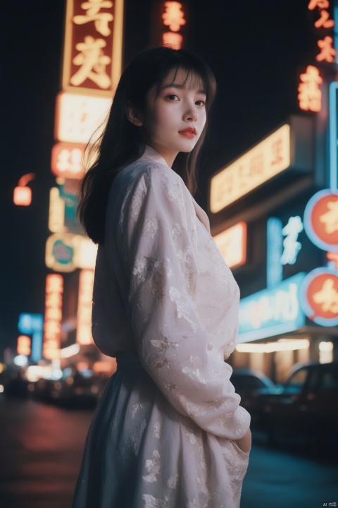  1girl,film grain, Fujifilm XT3, night shot, 1girl, (big breasts:1.56)
,BREAK,
Shanghai streets in the 1980s, neon lights at night, Wong Kar-wai movie lighting texture