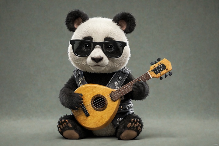  Surreality, a panda Rex, (cute, wearing sunglasses), holding a concert, (playing lute, punk attire), rock music, 3D, C4D, smooth surface, exquisite details, mixed style,