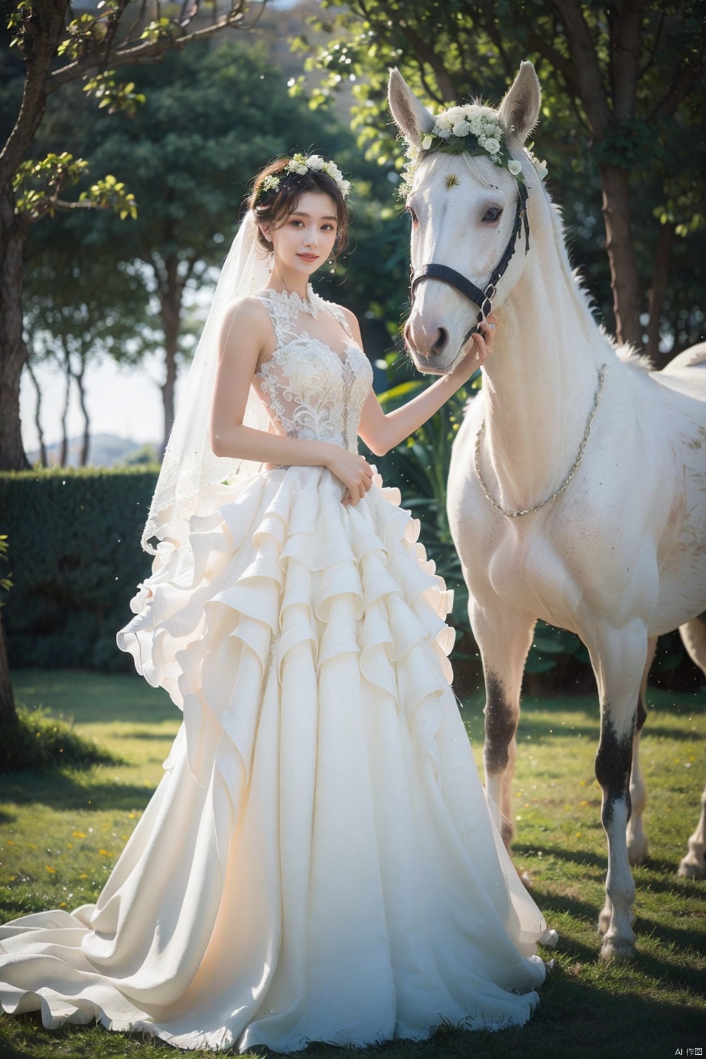  masterpiece, The best quality, 1girl, luxurious wedding dress, dreamy scene, The background is an endless grassland, with bright sunshine. Behind him stands a tall white horse, front viewer, looking at viewer, Flowers, romantic, Bride, Translucent white turban, UHD, 16k, , sparkling dress, yunbin, big smile,majisbpk,MiJu,wukelan