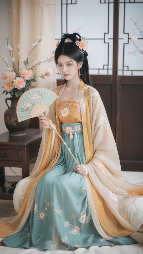  1girl, solo, long hair, black hair,Hairpins,necklace, hair ornament, long dress, full body, flower, earrings, indoors, hair bun, hanfu dress,(Tube top Hanfu long skirt:1.1),(Hand holding fan:1.2), pillow, bed, night, chinese clothes, table, branch,daxiushan, ,daxiushan style,(huge breasts:1.7), (full breasts), realistic,hanfu, daxiushan,Shoulders are exposed,daxiushan, arien_hanfu