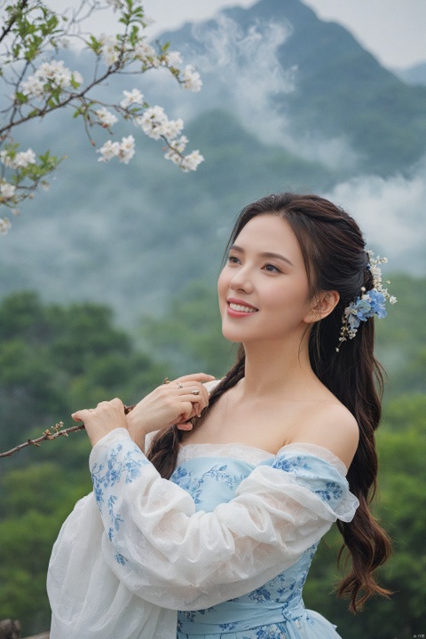  best quality, masterpiece,cowboy_shot,(Good structure),,a girl,xianjing,Off-the-shoulder, bust photo,upper body,Hanfu, Cloud, Smoke,branch,flower, smile,Gaze at the audience, Ink scattering_Chinese style, ((poakl)), ,looking_at_viewer,kind smile, , chinese dress,white dress, liuyifei,long_hair, Scarlett Johansson