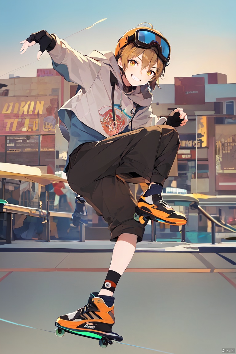  (\a suo\), skateboard, 1boy, male focus, smile, gloves, solo, goggles, sneakers, fingerless gloves, goggles on head, jacket, outdoors, grin, looking at viewer, pants, sky, short hair, roller skates, skates, shoes, black gloves, building, yellow eyes, day, orange eyes, inline skates, midair, city, hood, brown hair