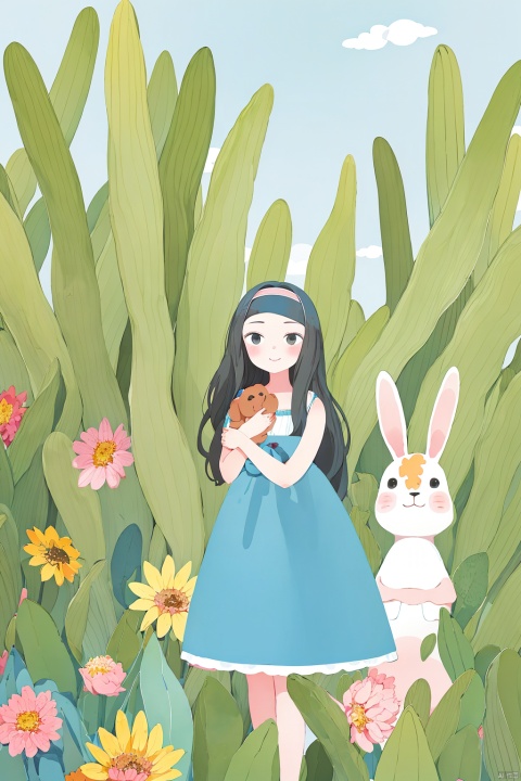  （Best quality,masterpiece.）1girl was sitting in a garden, surrounded by colorful flowers and butterflies, her long black hair falling down gently, wearing a simple summer dress and a pink headband that matches the color of the flowers, holding a stuffed rabbit in his arms, he looked straight ahead, with a fresh Chloroplastida in the background and a front view.