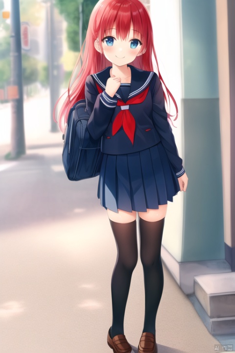  petite,1girl, solo, long hair, looking at viewer, blush, smile, skirt, thighhighs, long sleeves, holding, school uniform, standing, full body, red hair, pleated skirt, shoes, serafuku, black thighhighs, bag, blue skirt, zettai ryouiki, neckerchief, loafers, school bag, holding bag