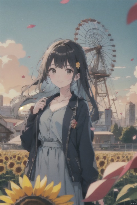  1 girl,flowers (innocent grey),Sky blue hair,standing,1girl, bangs, blue_sky, blush, bouquet, breasts, city, cityscape, cloud, cloudy_sky, collarbone, confetti, daisy, day, falling_petals, fence, ferris_wheel, field, flower, flower_field, hair_ornament, hairclip, holding, holding_flower, house, jacket, leaves_in_wind, long_hair, long_sleeves, looking_at_viewer, open_clothes, open_jacket, outdoors, petals, rose_petals, sky, skyline, skyscraper, smile, solo, sunflower, tower, upper_body, wind, windmill, yellow_flower, (wide shot, mid shot, panorama), blurry,Nebula, flowing skirts,（smoke）,Giant flowers, light master