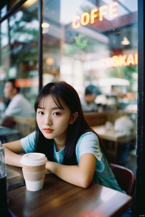  photography shot trough an outdoor window of a coffee shop with neon sign lighting, window glares and reflections, depth of field, young chinese girl sitting at a table, portrait, kodak portra 800, 105 mm f1. 8