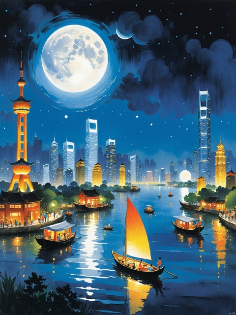  Thick painted Chinese cartoons, farmer paintings, new meticulous brushstrokes, bustling Tang City at night, a full moon shining in the center of the lake, a boat sailing with lights, Shanghai, modern, ultra high definition, high-definition picture quality, 32K, children's fun picture book, Feng Zikai, Chinese style