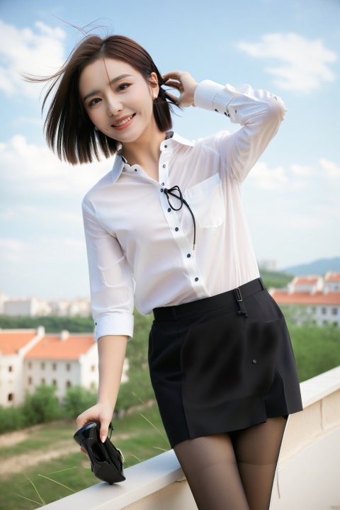  8K, high-quality photo features a professional girl outdoors as the protagonist.(adjusting hair:1.5)(pantyhose:1.2), (short buttoneddownshirt:1.2) She was wearing a black professional suit and short sleeved shirt, with the collar button tightly fastened. Her attire also includes tight pants, bras, and high heels. Her earrings are exquisite, with a smile on her face, a tightly closed mouth, a small chest, and meticulous eyes. Her short hair fluttered in the wind, and the background was a delicate sky., ((poakl)), 1girl, yaya