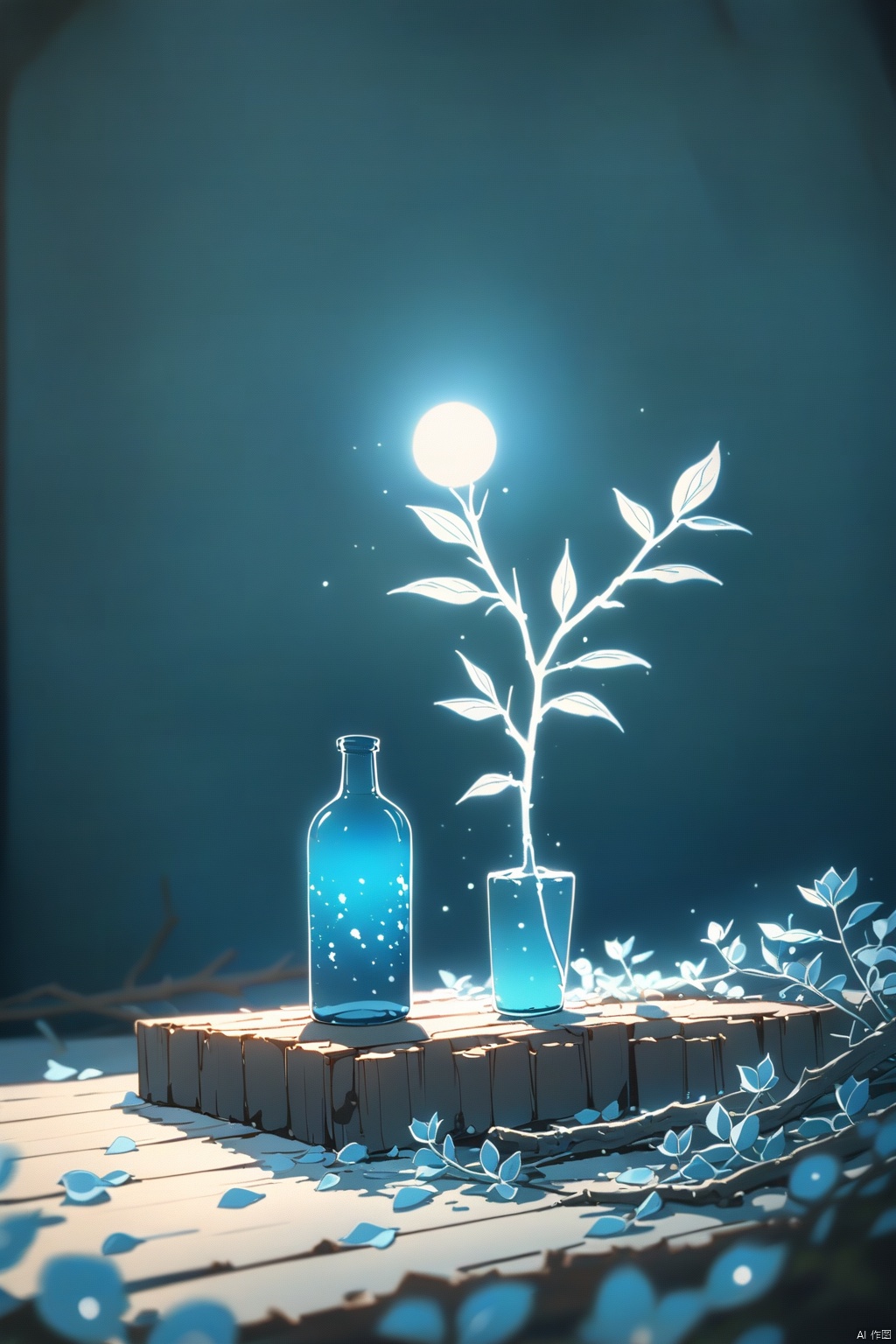  xihuwen, cold color style, blue bottle, front product, bottle placed on wood, wood, flowers, left light, commercial photography, 8K, blue theme, simple branch light and shadow background on the left side, shenhua