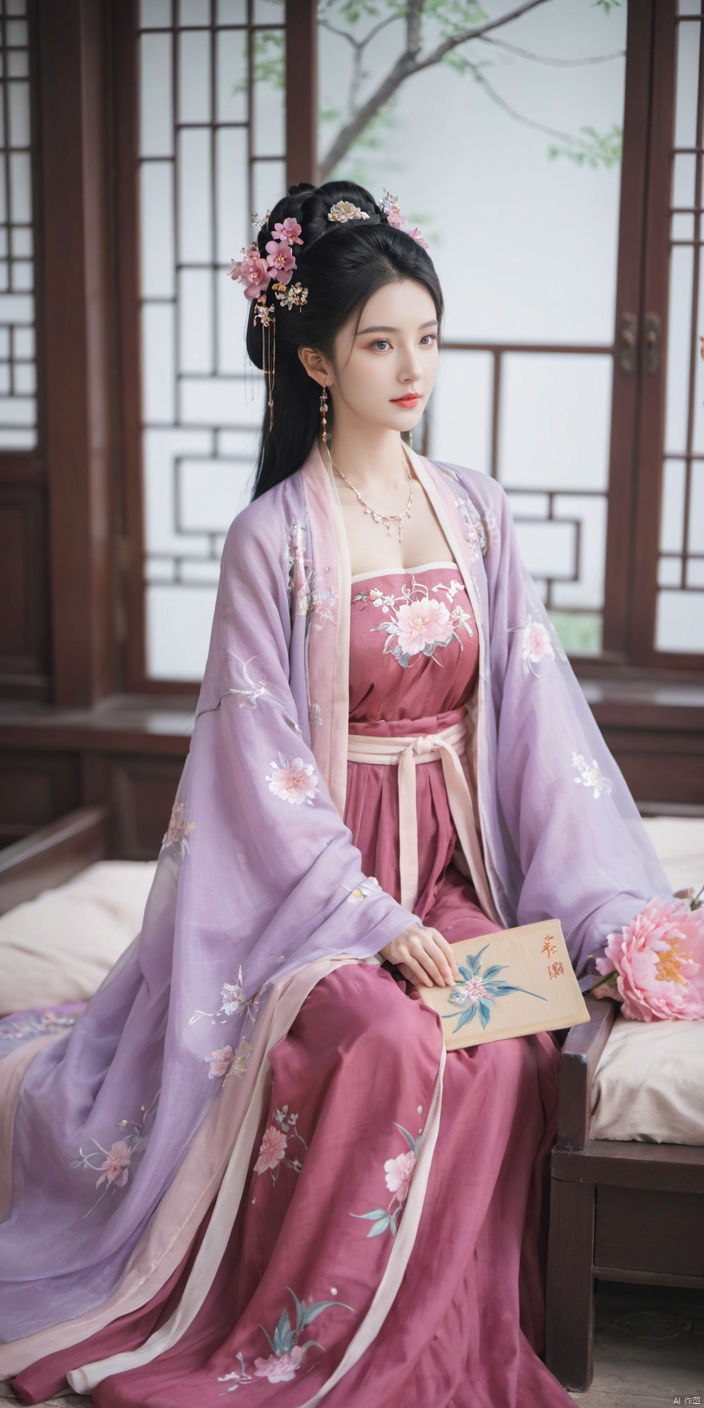  1girl, solo, long hair, black hair,Hairpins,necklace, hair ornament, dress, full body, flower, earrings, indoors, hair bun, (purple-pink dress),(Tube top Hanfu long skirt:1.1), pillow, bed, night, chinese clothes, table, branch,daxiushan, ,daxiushan style,(huge breasts:1.79), (full breasts:1.59), realistic,hanfu, daxiushan,Shoulders are exposed, , daxiushan, arien_hanfu, FilmGirl