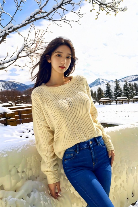  1girl,realism, HD 16k, snow, winter,sexy Short jeans,oversize breasts, light master, bare long legs, light rays,snow mountain,laugh,white sweater,snow boots,Dynamic posture,